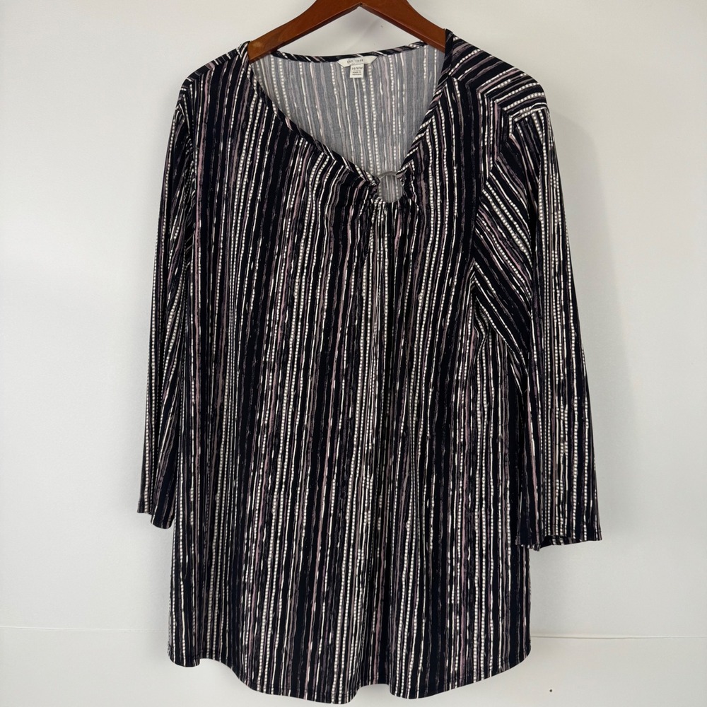 Est. 1946 Top Women 14/16W Black Striped Ring Detail 3/4 Sleeve Casual Blouse